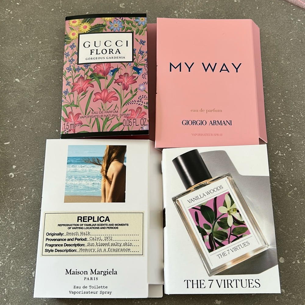 Gucci Flora, My Way Armani, Margiela Beach Walk and The 7 Virtues Vanilla Woods